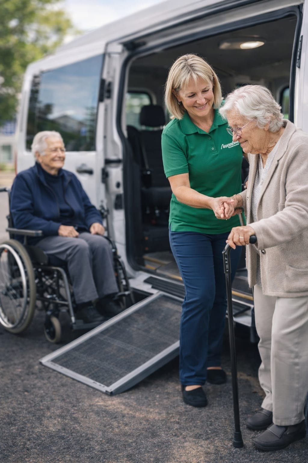 Chauffeur aidant une personne senior a monter dans un vehicule adapte
